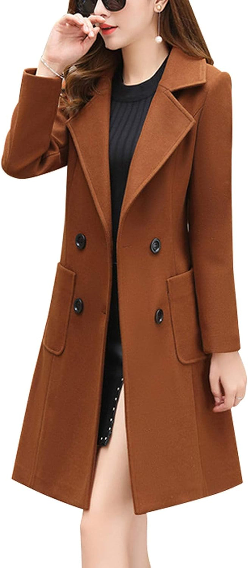 Women Elegant Notched Collar Double Breasted Wool Blend over Coat