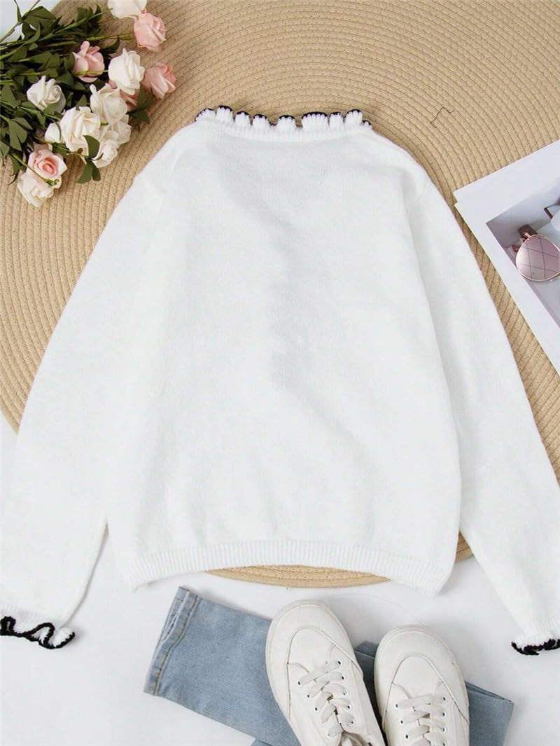 Women'S Ruffle V Neck Long Sleeve Sweater Contrast Color V Neck Pearl Beaded Button Sweater Knitted Pullover Tops