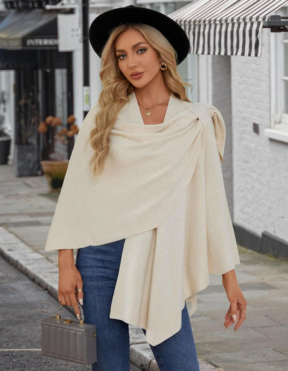 Womens Large Cross Front Poncho Sweater Wrap Topper Knitted Elegant Shawls Cape for Fall Winter