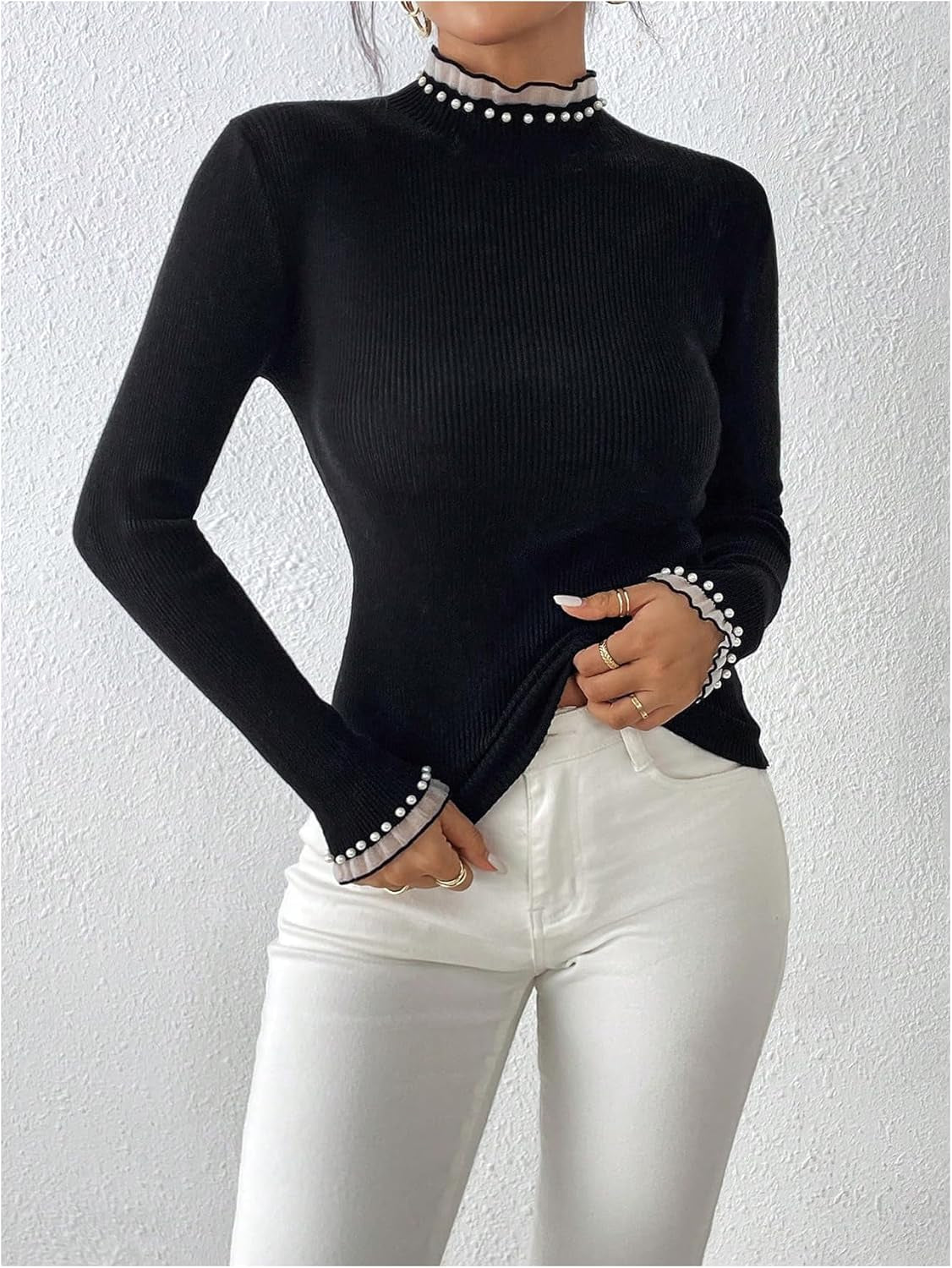 Women'S Pearl Sweaters Ruffle Trim Mock Neck Long Sleeve Slim Fit Pullovers