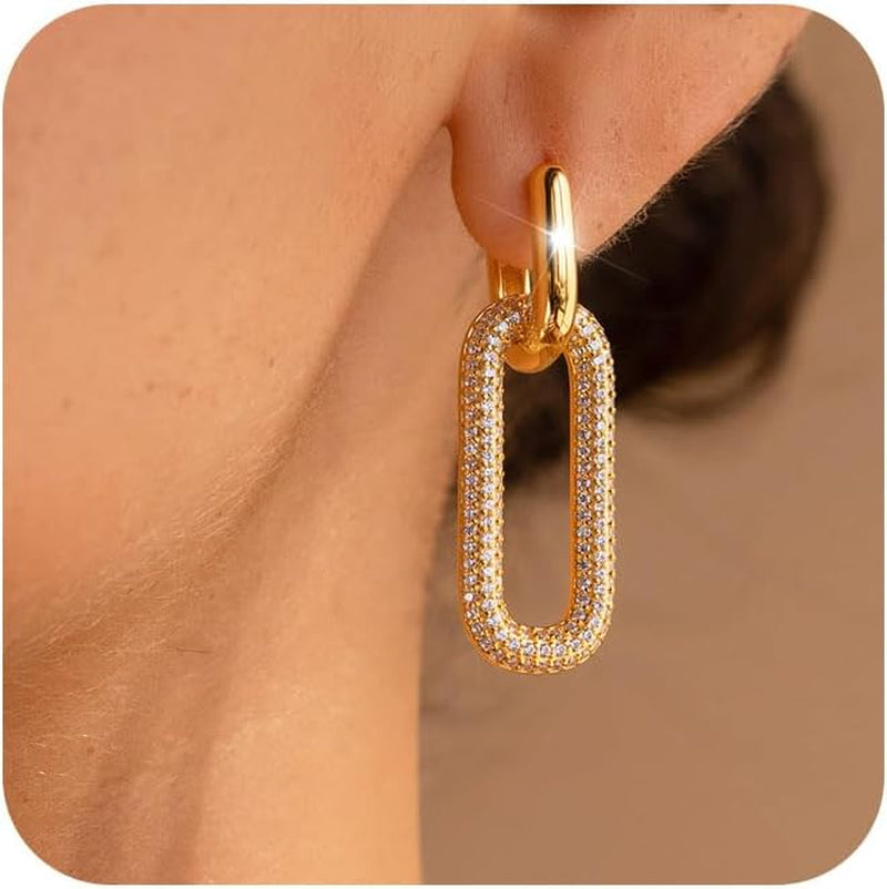 Gold Earrings for Women Trendy, Simple Dainty 14K Gold Plated Paperclip Square Chain Link Dangle Hoops Earrings Pin Stud Huggie Earrings Lightweight Hypoallergenic Minimalist Aesthetic Gold Jewelry for Christmas Gifts