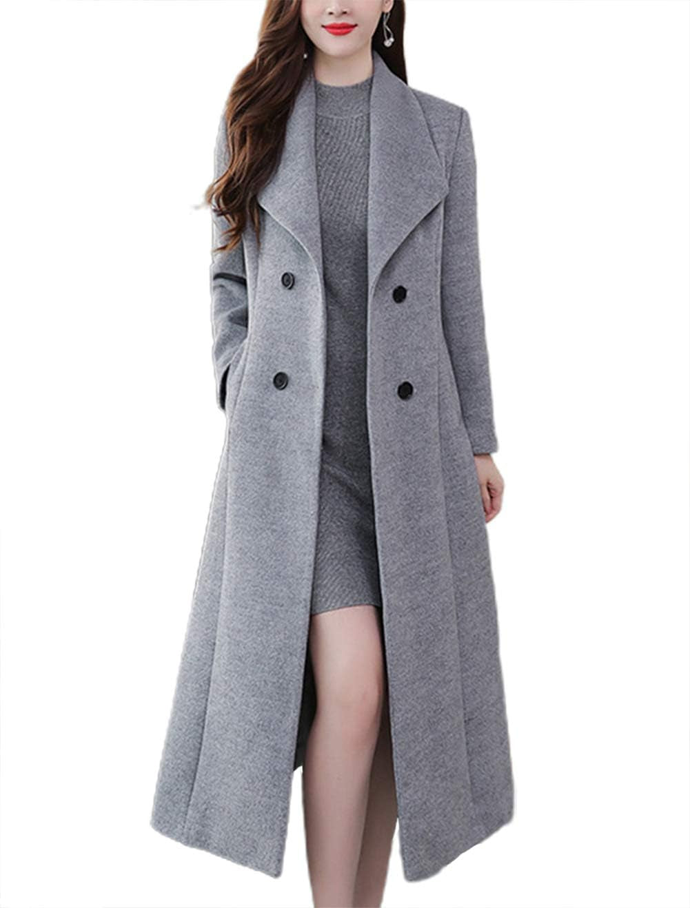 Women'S Chic Shawl Collar Work Double Breasted Maxi Long Wool Pea Coat