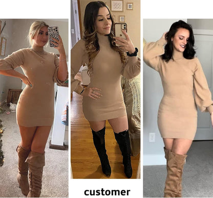 Women'S 2025 Mock Neck Ribbed Long Sleeve Bodycon Pullover Cute Mini Sweater Dress