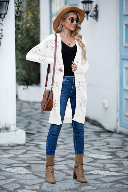 Womens Lightweight Longer Length Cardigan Long Sleeve Casual Crochet Open-Front Sweater with Pockets