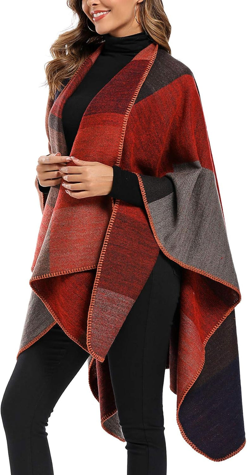 Women'S Color Block Shawl Wrap plus Size Cardigan Poncho Cape Open Front Long Winter Sweater Coat