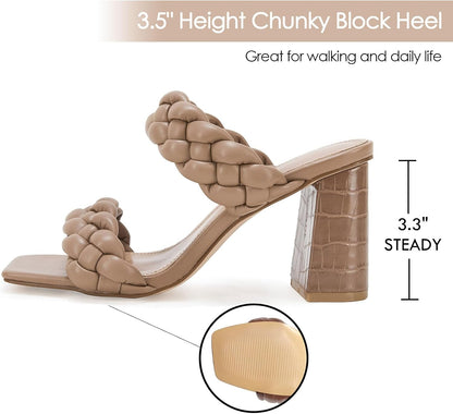 Women'S Braided Heeled Sandals Backless Square Open Toe Block Slide Sandals