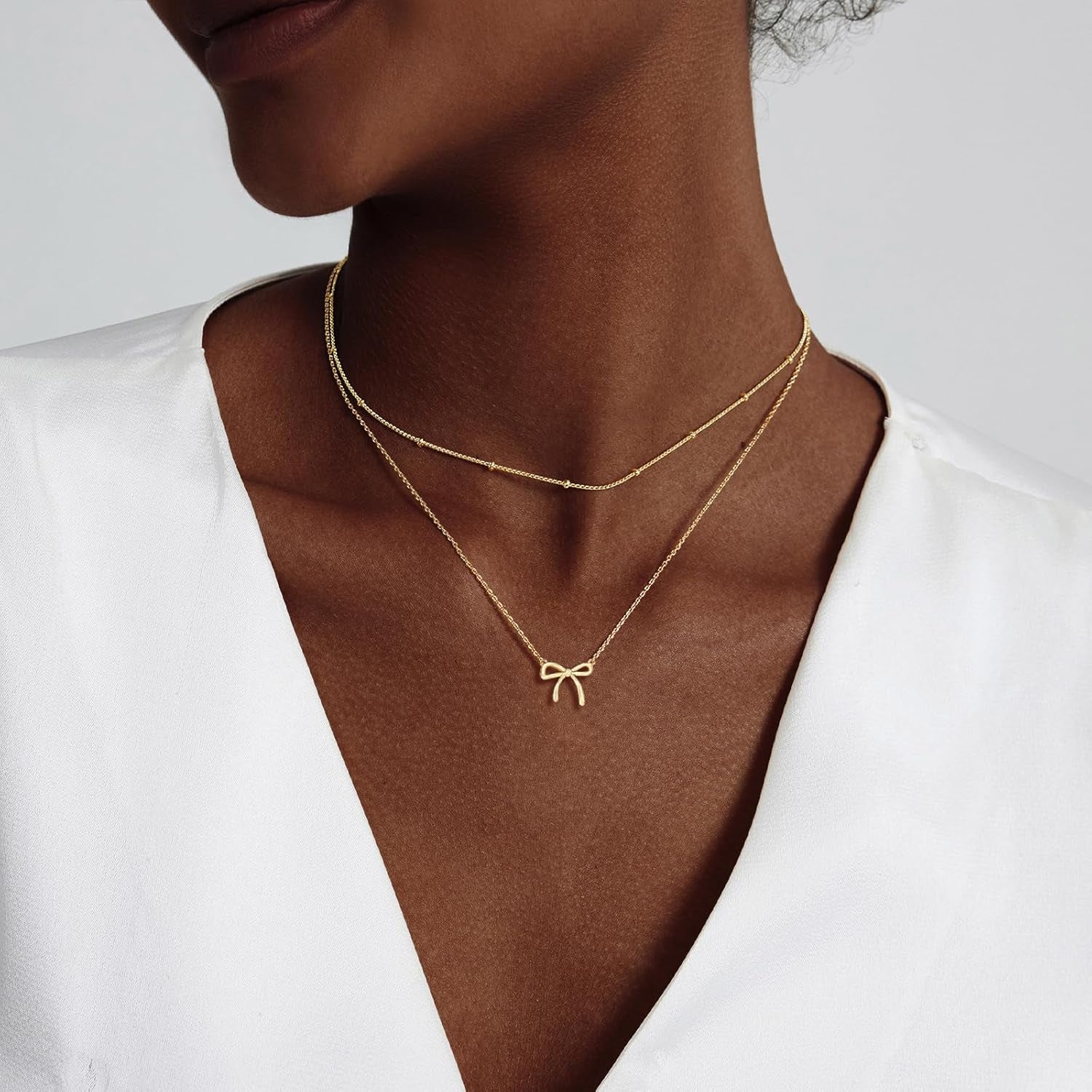 Gold Necklace for Women, Bow Necklace 14K Layered Gold Necklace Dainty Bow Pendant Choker Necklace Trendy Bow Necklace Gold Chain Necklaces for Women Jewelry Gift