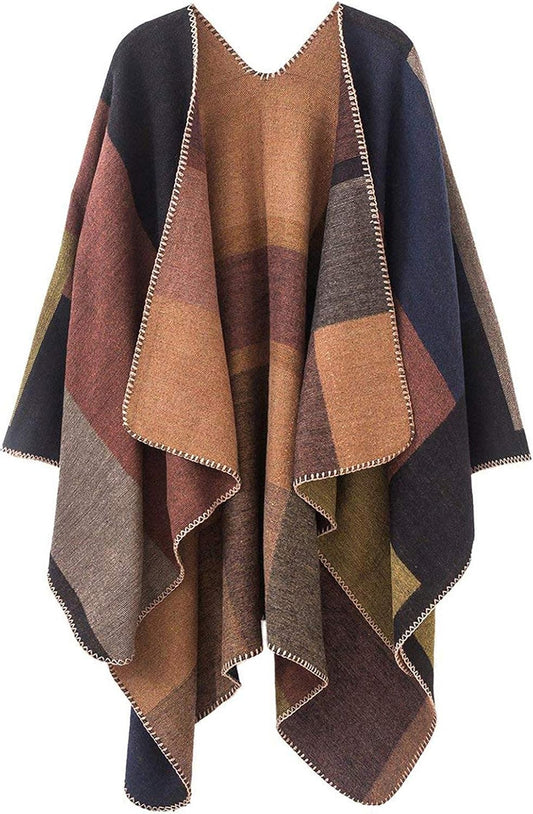 Women'S Plaid Sweater Poncho Cape Coat Open Front Blanket Shawls and Wraps