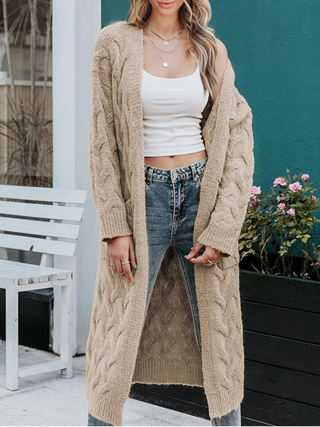 Women'S Long Cardigan Coats Cable Knit Casual Open Front Long Sleeve Loose Sweater with Pockets