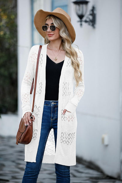 Womens Lightweight Longer Length Cardigan Long Sleeve Casual Crochet Open-Front Sweater with Pockets