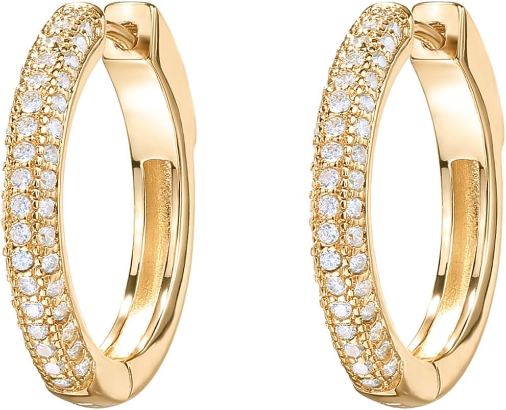 14K Gold Plated 925 Sterling Silver Posts Cubic Zirconia Hoop Earrings for Women | Halo CZ Gold Huggie Hoops