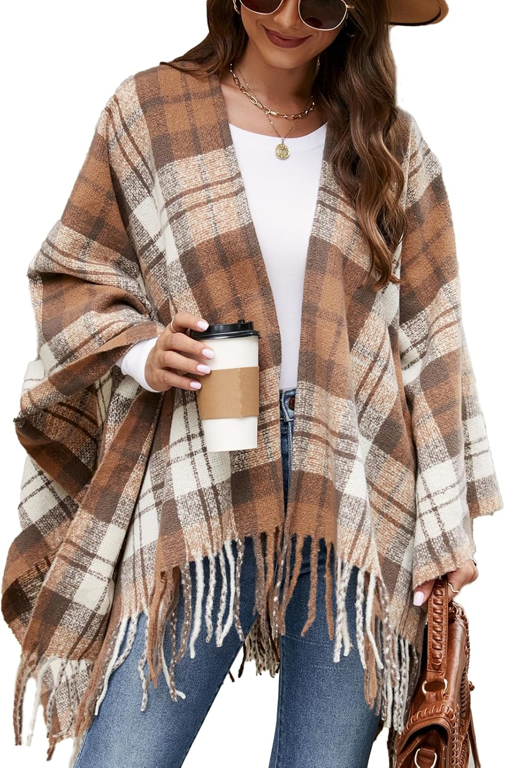 Women Boho Buffalo Plaid Poncho Pashmina Shawl Wrap Cape Sweater Knitting Cardigan with Tassel