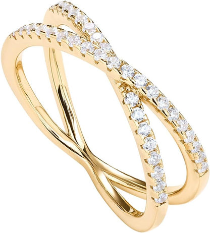 14K Gold Plated X Ring Simulated Diamond CZ Criss Cross Ring for Women