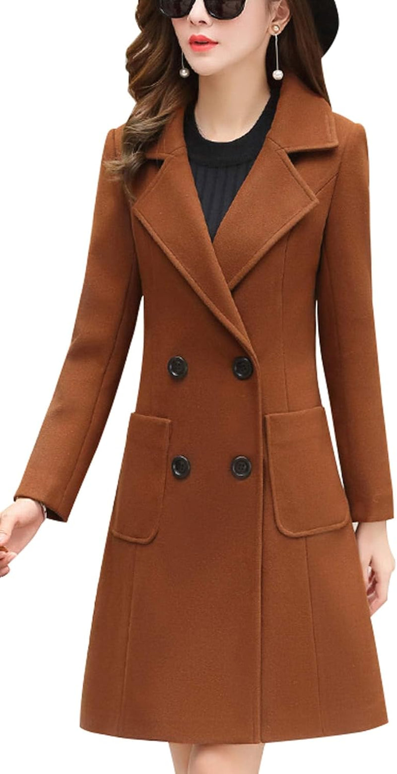 Women Elegant Notched Collar Double Breasted Wool Blend over Coat