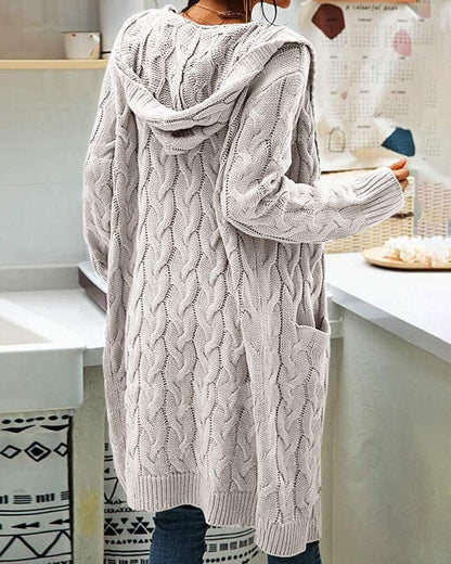 Women Hooded Open Front Cardigan Cable Knit Sweaters Solid Color Chunky Long Sweater Coats