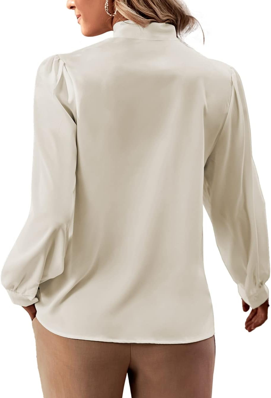 Women'S Bow Tie Neck Long Sleeve Buttton Cuff Chiffon Elegant Blouse