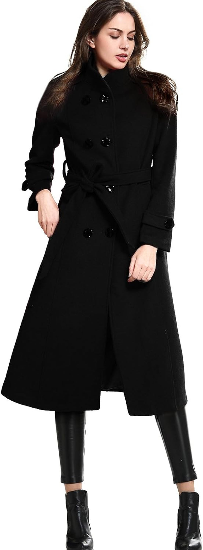 Women'S Wool Trench Coat Winter Double-Breasted Jacket with Belts