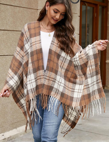 Women Boho Buffalo Plaid Poncho Pashmina Shawl Wrap Cape Sweater Knitting Cardigan with Tassel