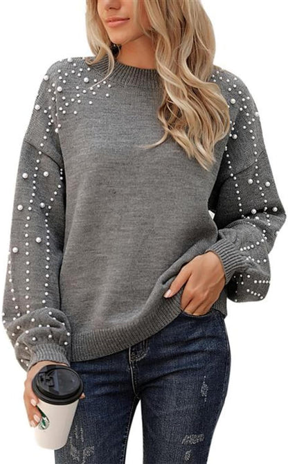 Women'S Chunky Sweater Crewneck Sweatshirt Knit Lantern Sleeve Oversized Pullover Sweater with Pearls