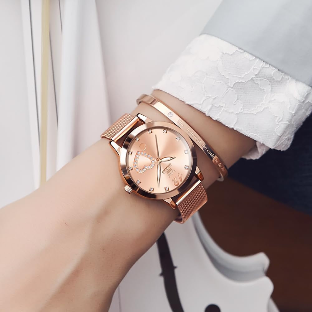 Womens Watch Gifts Set with Bracelet Rose Gold for Lady Female Minimalist Simple Slim Thin Casual Dress Analog Quartz Wrist Watches Waterproof Two Tone