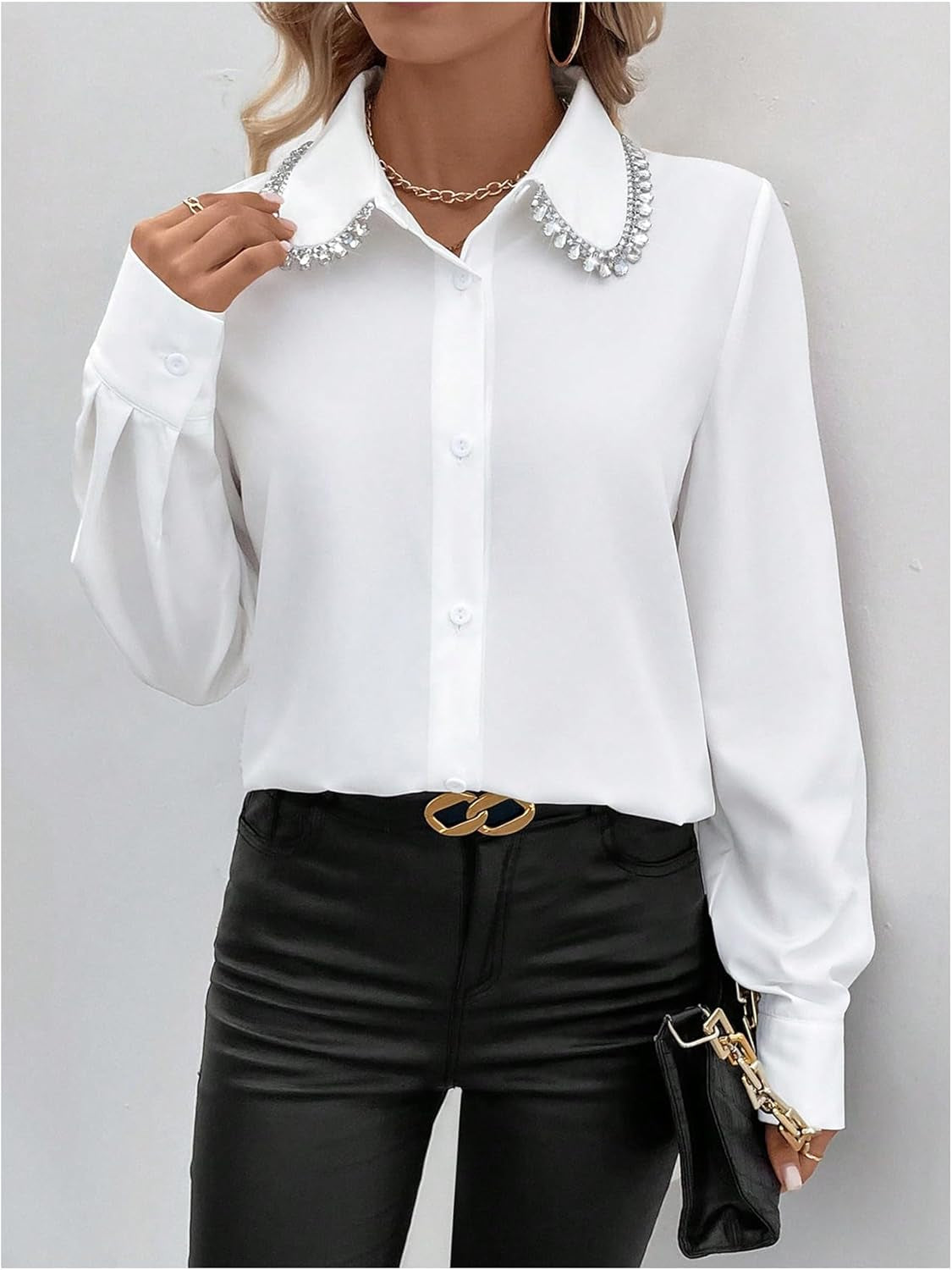 Women'S Long Sleeve Button down Blouses Rhinestone Decor Work Tops