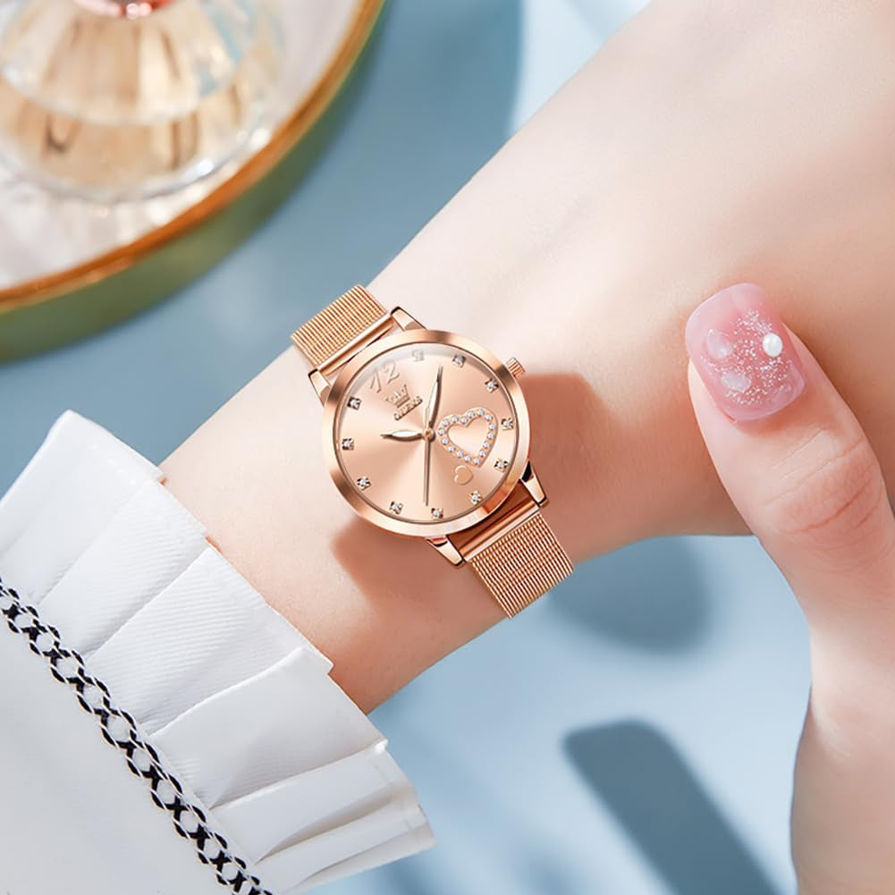 Womens Watch Gifts Set with Bracelet Rose Gold for Lady Female Minimalist Simple Slim Thin Casual Dress Analog Quartz Wrist Watches Waterproof Two Tone