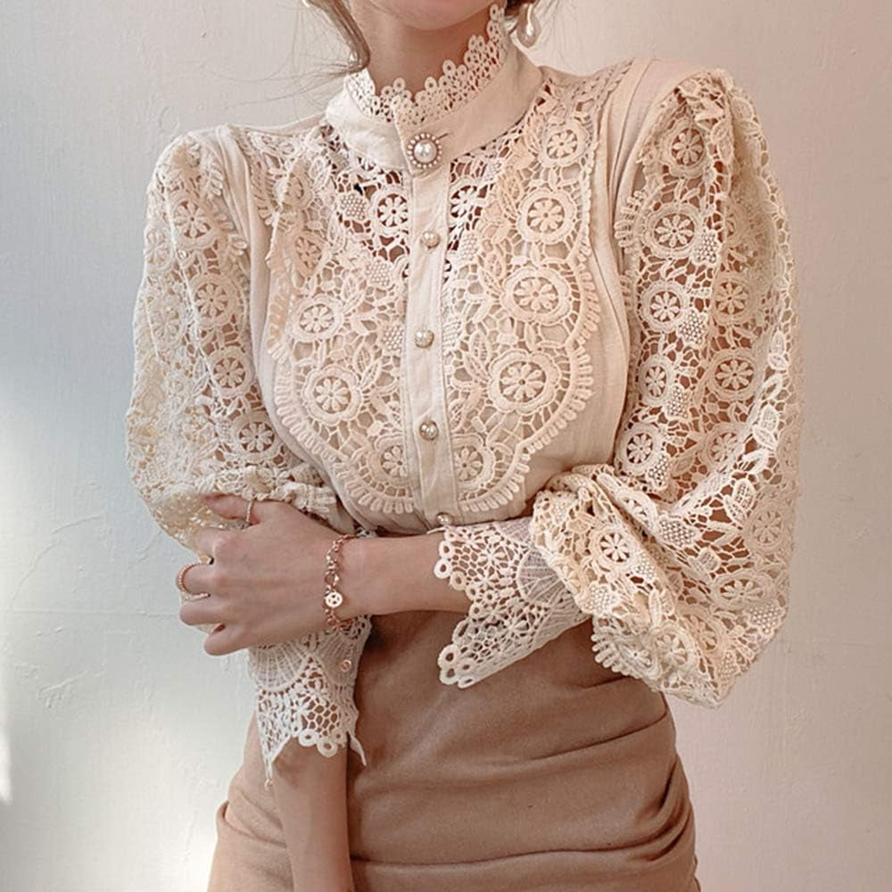 Women’S Elegant Lace Trim Shirts Casual Victorian Blouse Long Sleeve Button down Tops