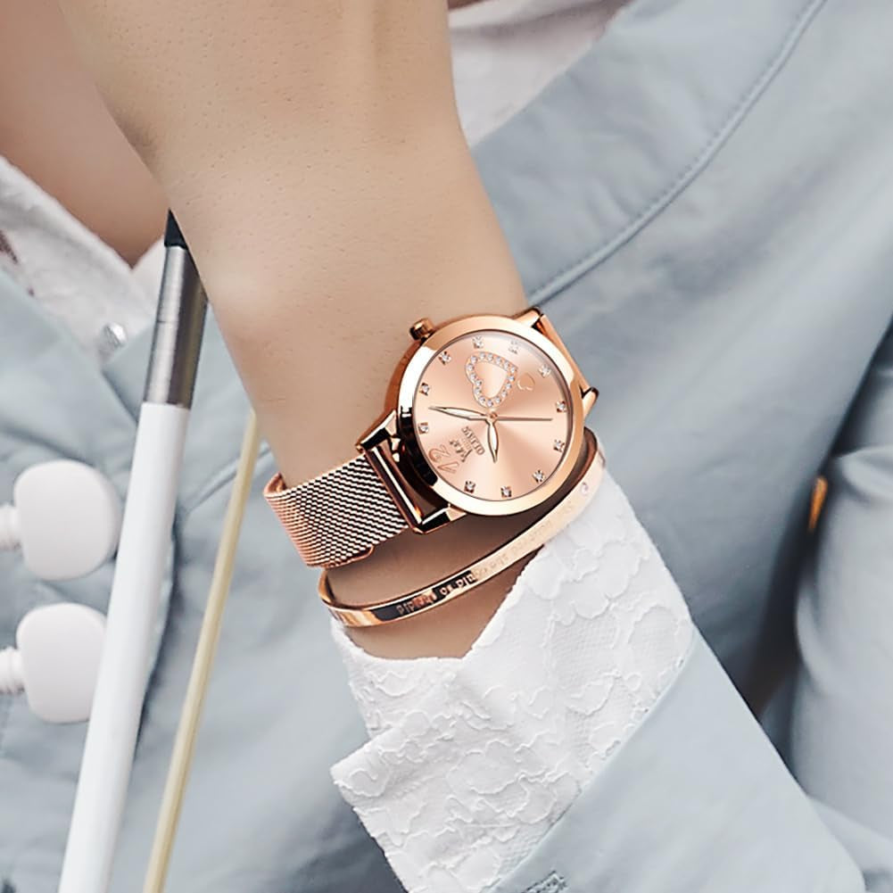 Womens Watch Gifts Set with Bracelet Rose Gold for Lady Female Minimalist Simple Slim Thin Casual Dress Analog Quartz Wrist Watches Waterproof Two Tone