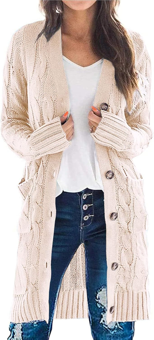 Long Sleeve Cable Knit Long Cardigan for Women 2025 Fall Winter Chunky Open Front Button Sweaters with Pockets