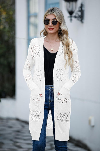 Womens Lightweight Longer Length Cardigan Long Sleeve Casual Crochet Open-Front Sweater with Pockets