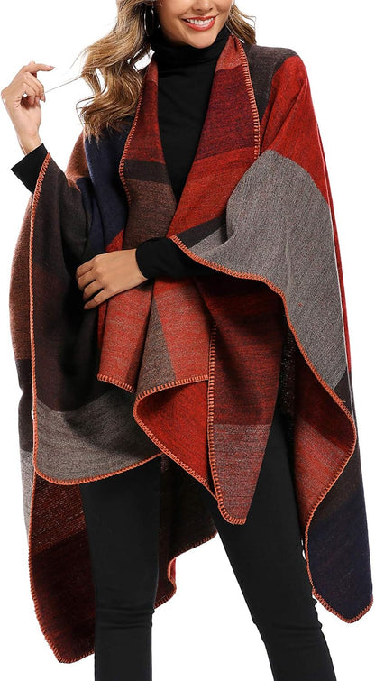 Women'S Color Block Shawl Wrap plus Size Cardigan Poncho Cape Open Front Long Winter Sweater Coat