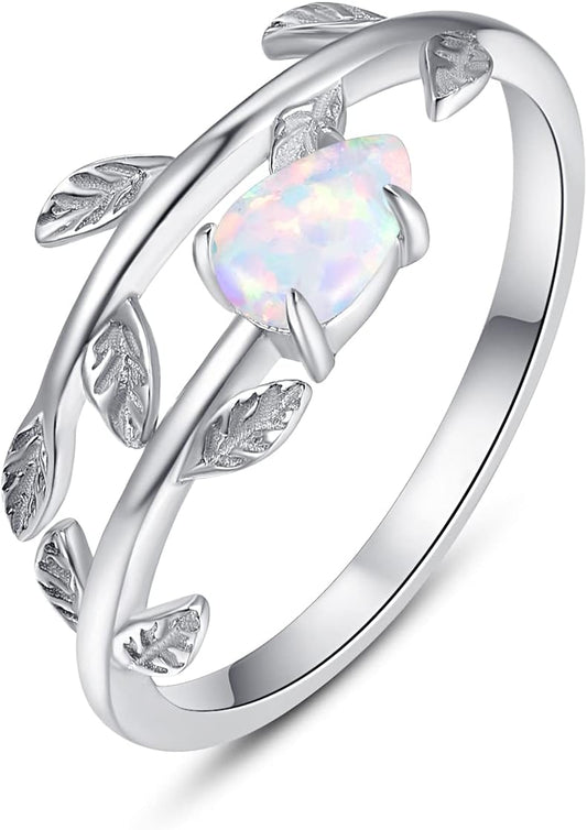 925 Sterling Silver Leaf Ring White Opal Moonstone Rings Adjustable Open Ring for Women with Jewelry Box Size 7-9