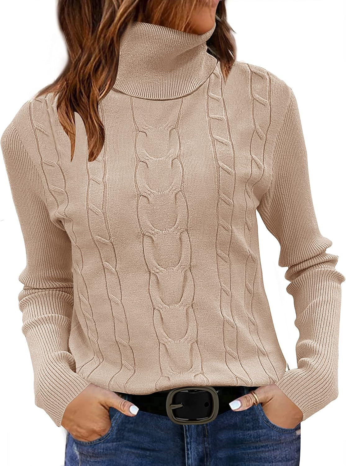 Womens 2024 Turtleneck Sweaters Cable Knit Long Sleeve Pullover Sweater Jumper