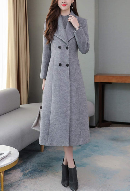 Women'S Chic Shawl Collar Work Double Breasted Maxi Long Wool Pea Coat