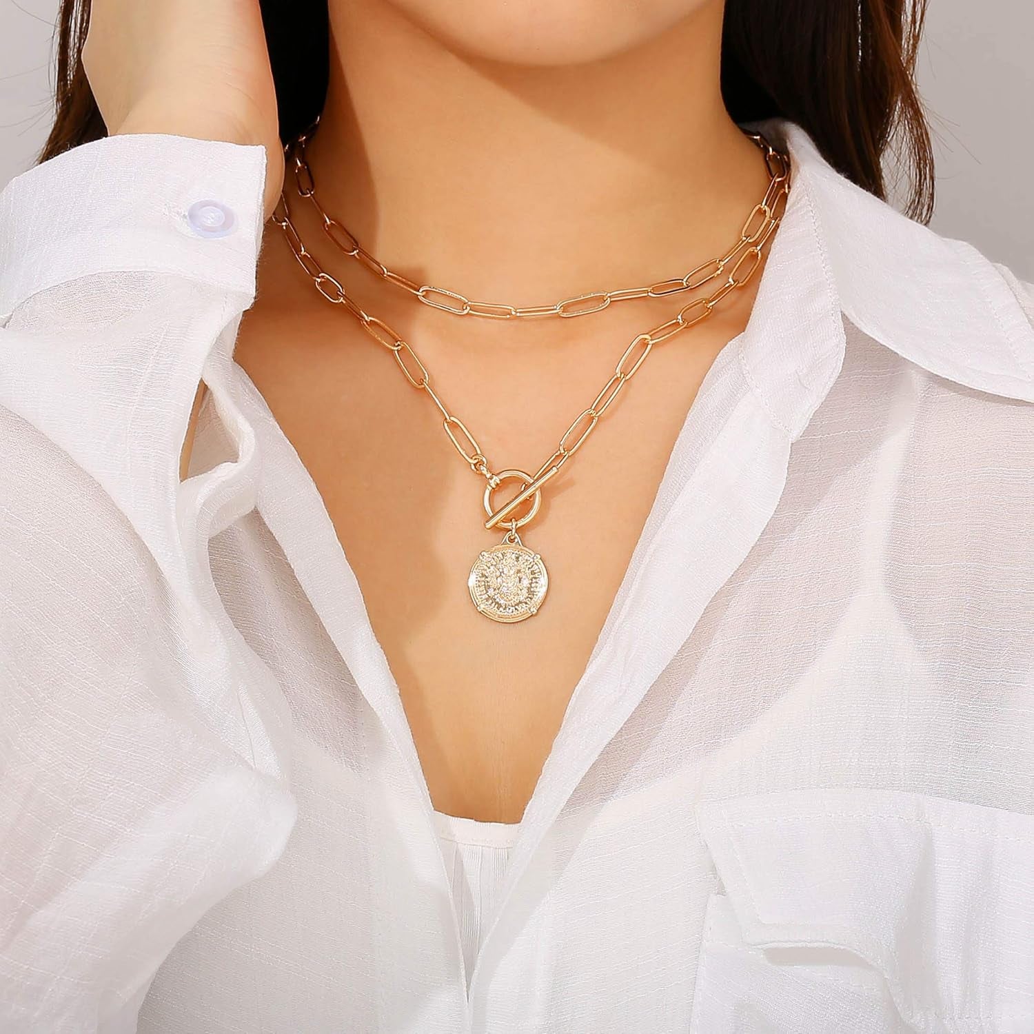 Gold Layered Necklaces for Women, 14K Gold Plated Vintage Evil Eye Queen Elizabeth Bee Sun and Moon Medallion Necklace Retro Choker Chain Link Necklace Gold Layered Necklaces for Women Jewelry