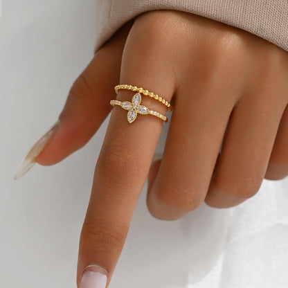 Open Stackable Rings for Women 18K Gold Plated Dainty Cubic Zirconia Wave Cuban Link Chain Flower Feather Hollow Out Adjustable Stacking Rings Wedding Jewelry Gifts