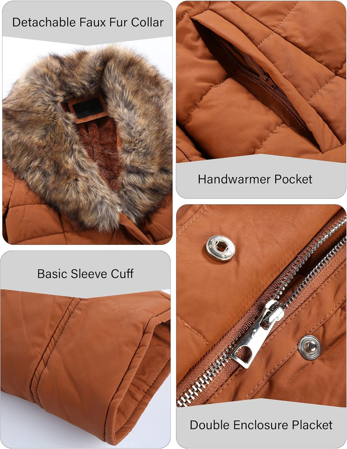 Women'S Winter Puffer Jacket Cold-Resistant Patchwork Plush Lining Coat with Removable Fur Collar Hooded and Belted