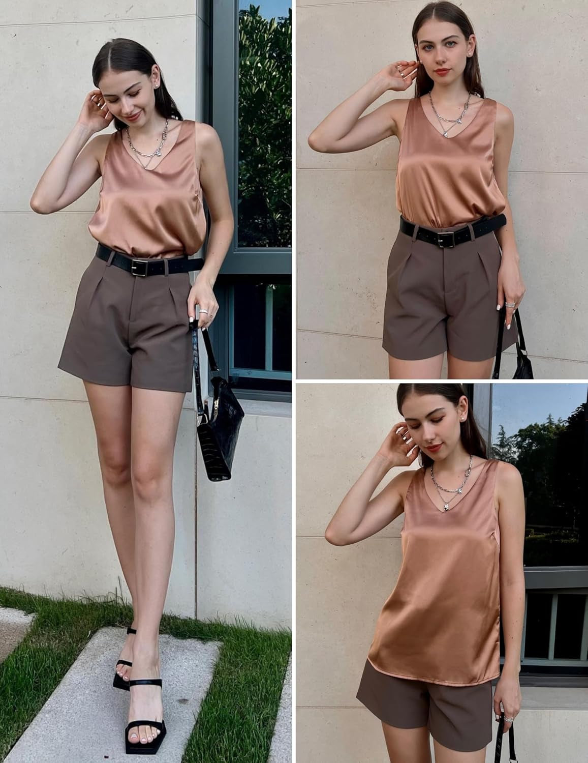 Women 2025 Silk Satin Tank Tops Dressy V Neck Camisole Blouse Casual Sleeveless Cami Summer Tanks Shirt