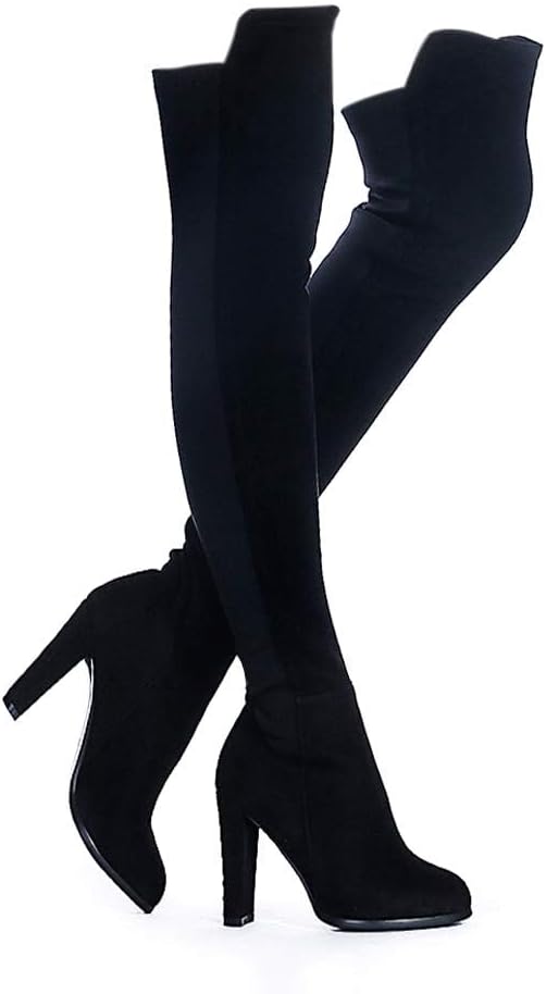 Women Faux Suede Chunky Heel Stretch over the Knee Thigh High Boots