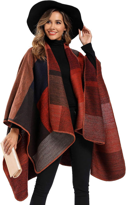 Women'S Color Block Shawl Wrap plus Size Cardigan Poncho Cape Open Front Long Winter Sweater Coat