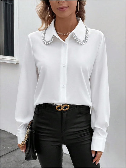 Women'S Long Sleeve Button down Blouses Rhinestone Decor Work Tops