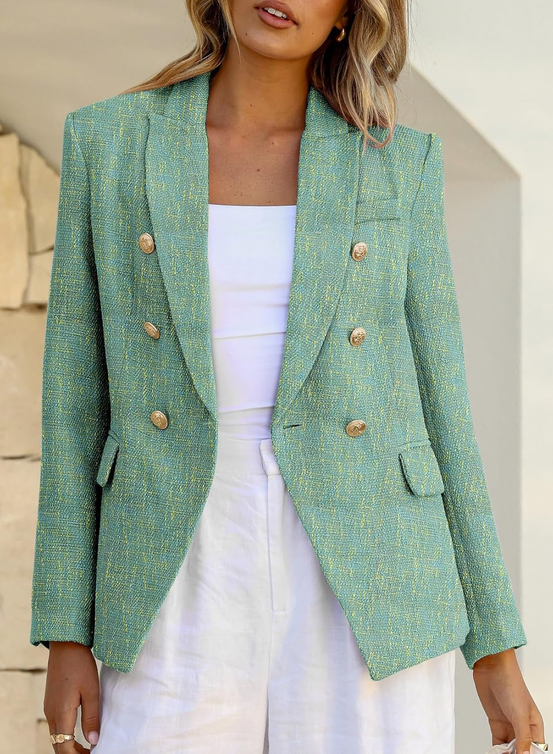 Womens Tweed Blazers Casual Long Sleeve Double Breasted Open Front Blazer Jackets Work Suits