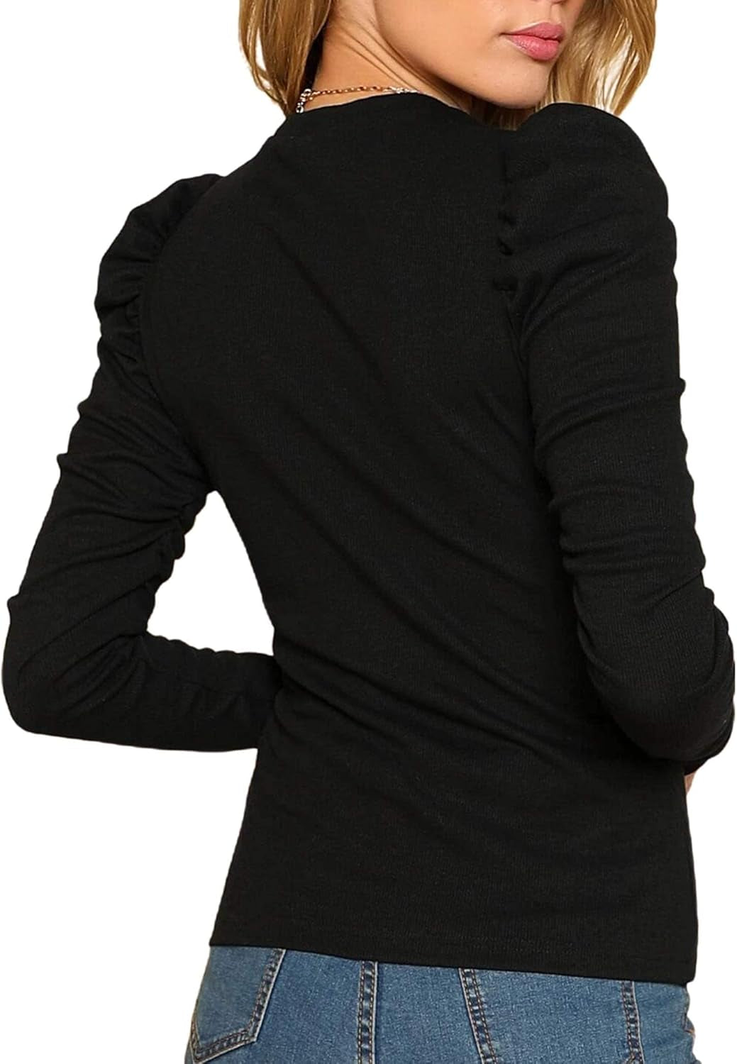 Women'S Solid round Neck Puff Long Sleeve Slim Fit T Shirt Tops