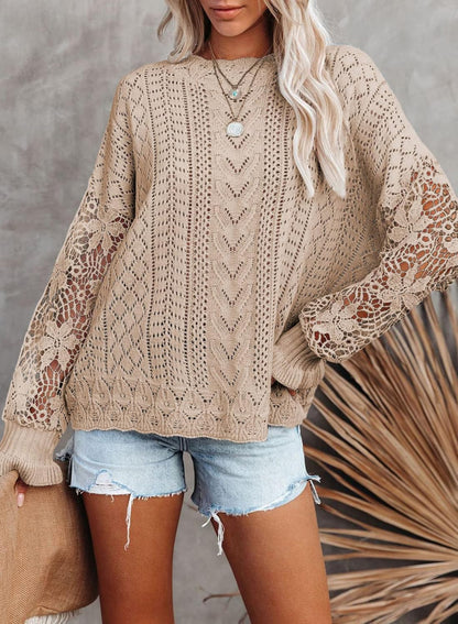 Womens Crewneck Crochet Lace Long Sleeve Hollow Out Cable Knit Sweaters Pullover Tops