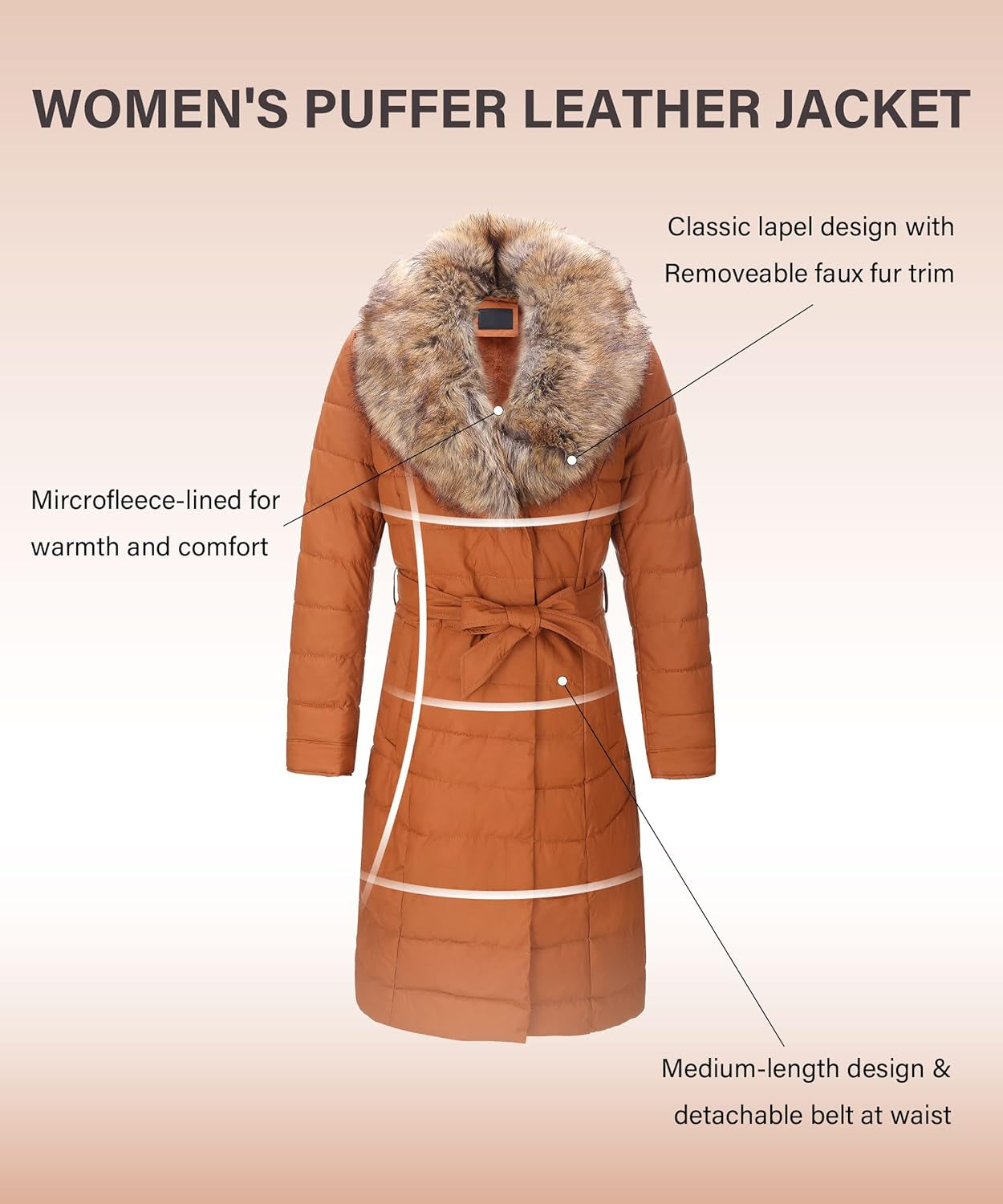 Women'S Winter Puffer Jacket Cold-Resistant Patchwork Plush Lining Coat with Removable Fur Collar Hooded and Belted