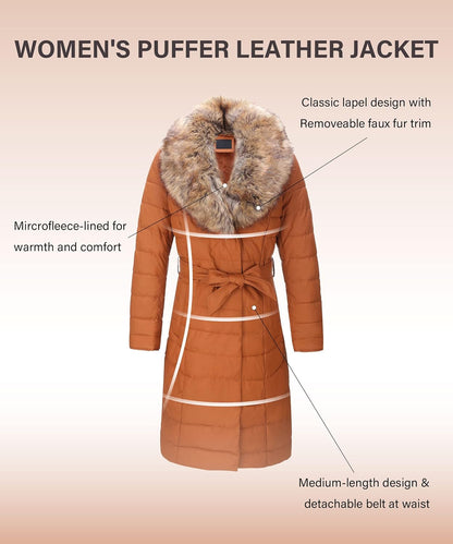 Women'S Winter Puffer Jacket Cold-Resistant Patchwork Plush Lining Coat with Removable Fur Collar Hooded and Belted