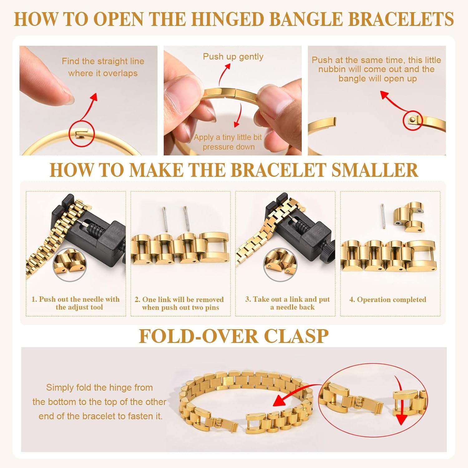 2Pcs Gold Chain Link Bracelet - Stainless Steel Love Crystal Friendship Bracelets Bangle,Watch Band Chains Wristband Jewelry with Adjust Tool