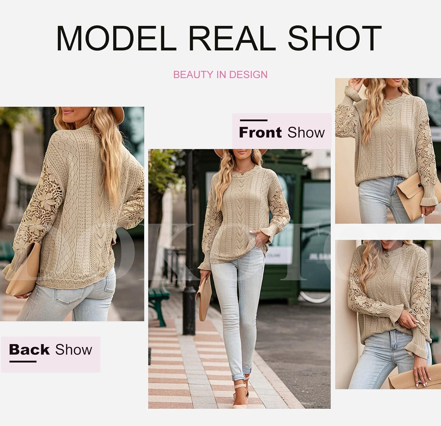 Womens Crewneck Crochet Lace Long Sleeve Hollow Out Cable Knit Sweaters Pullover Tops