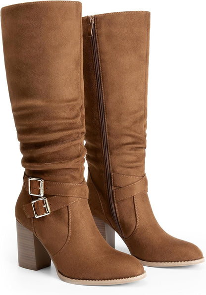 Women'S Knee High Boots Slouchy Chunky Heeled Buckle Long Boots for Women Side Zipper Tall Boots