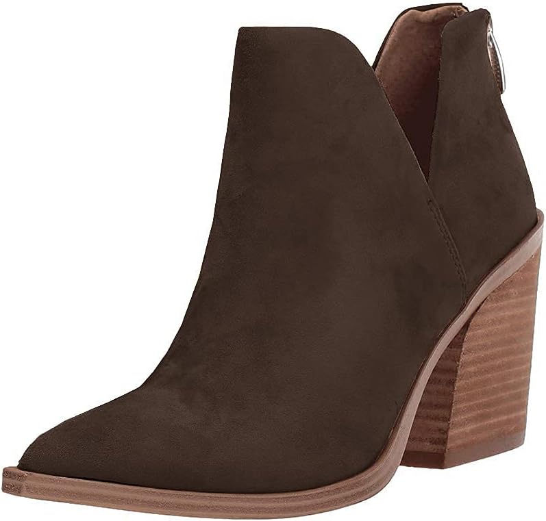 Womens Slip on Ankle Boots V Cutout Pointed Toe Chunky Stacked Mid Heel Booties